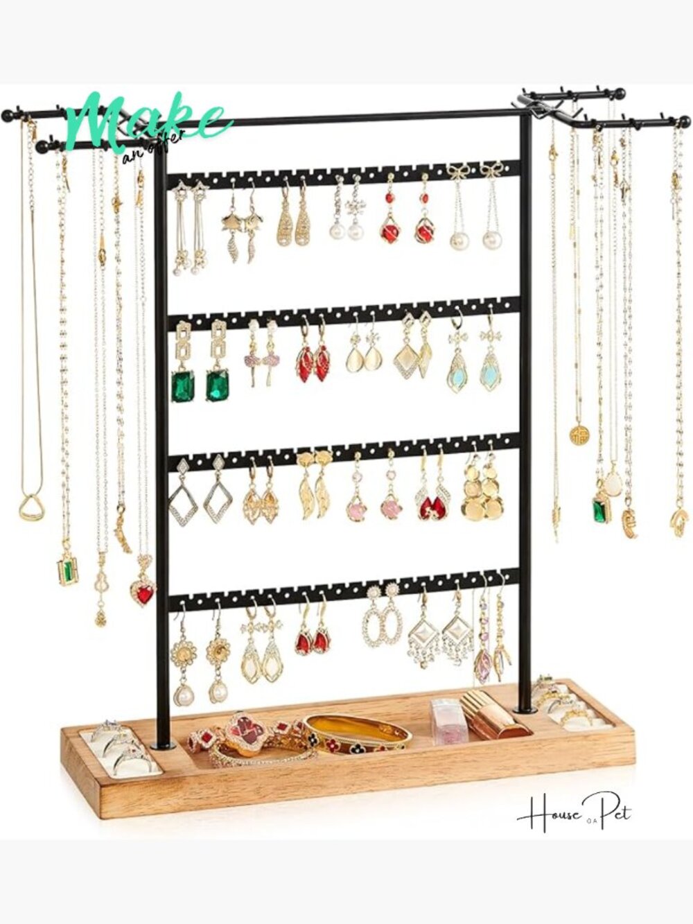 4-Tier Jewelry Organizer Stand with Base Tray for Earrings, Necklaces, Rings,